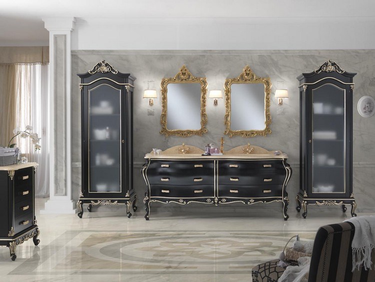 Chiuvetă dublă în negru cu decorațiuni aurii mobilier-baie-stil-baroc-lux-serie-negru-dublu-vanitate-blat-marmură
