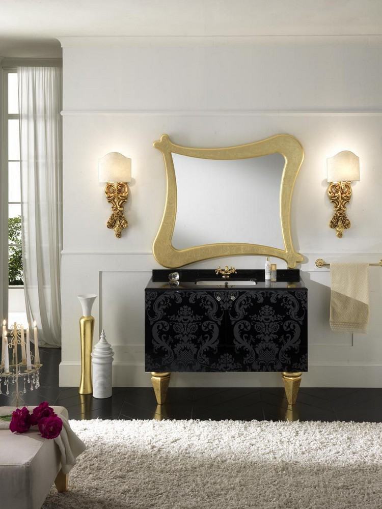vanitate neagră cu picioare aurii și cadru oglindă mobilier-baie-stil-baroc-glamour-negru-vanitate-picioare-aurii