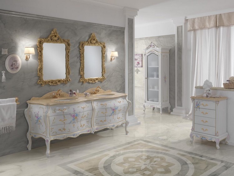 lavoar dublu de sine stătător cu ornamente florale Mobilier pentru baie în stil baroc - serie de lux - dublă vanitate - motive florale - accesorii din aur