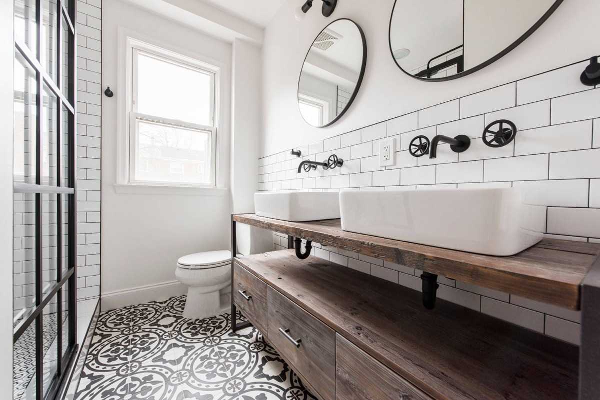 stil rustic industrial cu mobilier reciclat dulap de bază realizat din lemn și gresie metrou partiție de sticlă