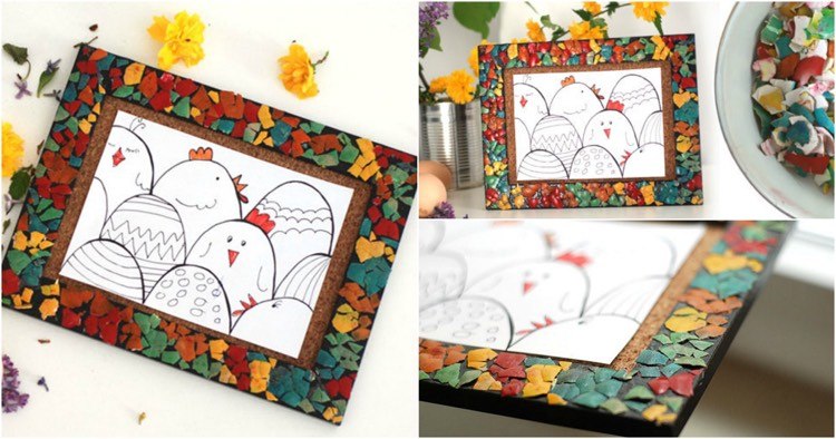 Decorați ramele cu coji de ouă colorate rochie-cochilie-de-ou-cadru-de-pasca-copii-decoratiuni-colorate