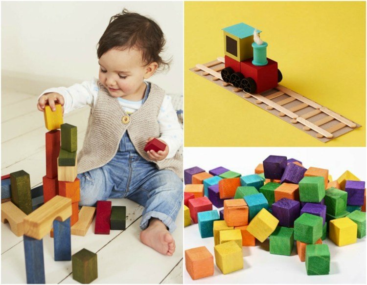 Tinker un tren pe șine din cuburi de lemn colorate Clopotind cu băieți-cub-de-lemn-tren-înghețată băț-tren șine-sfoară-vată