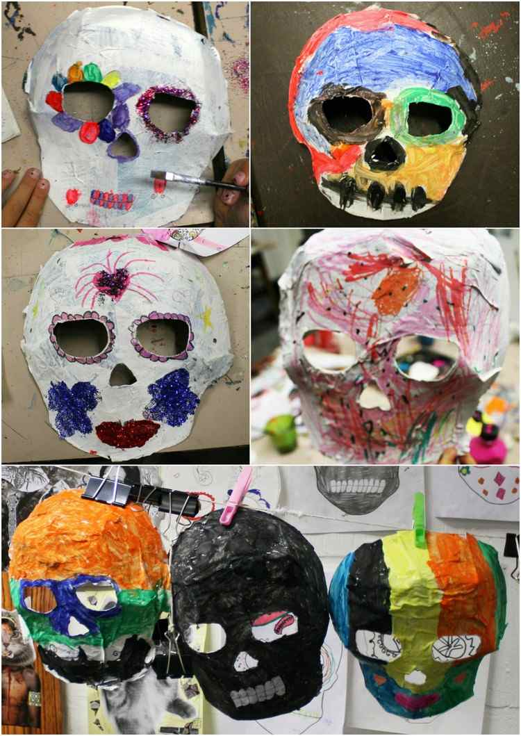 Măști de craniu din hârtie mache decorate de copii tinker-hârtie mache-copii-măști-cranii-Halloween-decorați