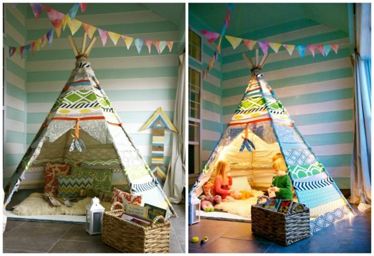 Cort tipi din țesătură colorată și șipci de lemn în camera copiilor Artizanat cu țesătură fără cusut tipi-cort-lamele-din-lemn-țesături-colorate-resturi-perne-alb-covor-de-blană