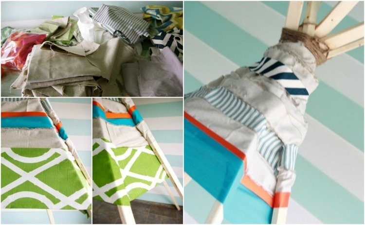 Puteți experimenta cu țesături și culori Artizanat cu țesături fără a coase tipi-cort-țesături-colorate-resturi-cravată-în jurul-lamelor-de-lemn