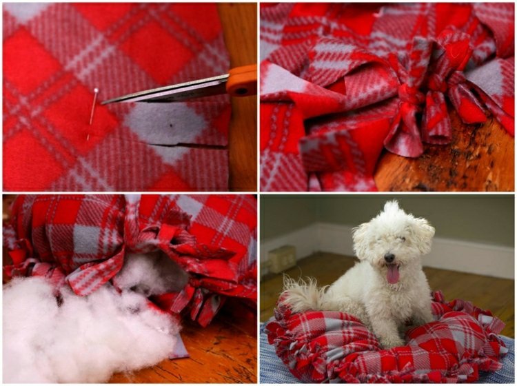 Fâșiile trebuie să fie suficient de lungi și largi pentru a fi ușor de legat între ele țesătură-fără-cusut-fleece-pat-câine-gri-roșu-cu-carouri-umplere-vată