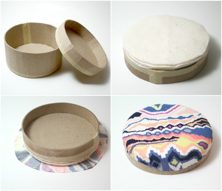 Faceți un capac moale cu vata rochie-țesătură-fără-cusut-cutie-de-bijuterii-rotund-mic-din-carton-colorat-vată-de-țesătură