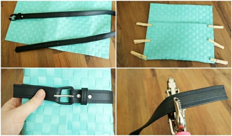 Este o idee bună să folosiți șnururi până când se usucă lipiciul Tricou-țesătură-fără-cusut-pungă-ambreiaj-albastru-verde-placemat-împletit-centură-neagră