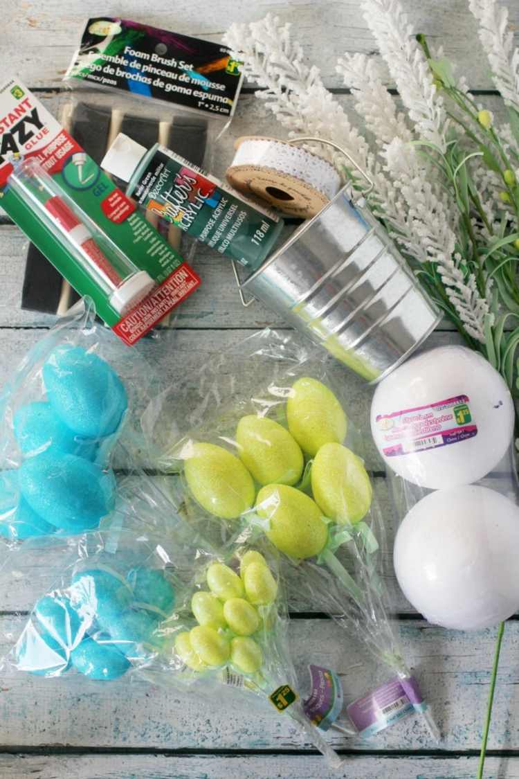 Faceți buchet de flori cu ouă de poliestir pentru găleată de Paște cu bilă de poliuretan