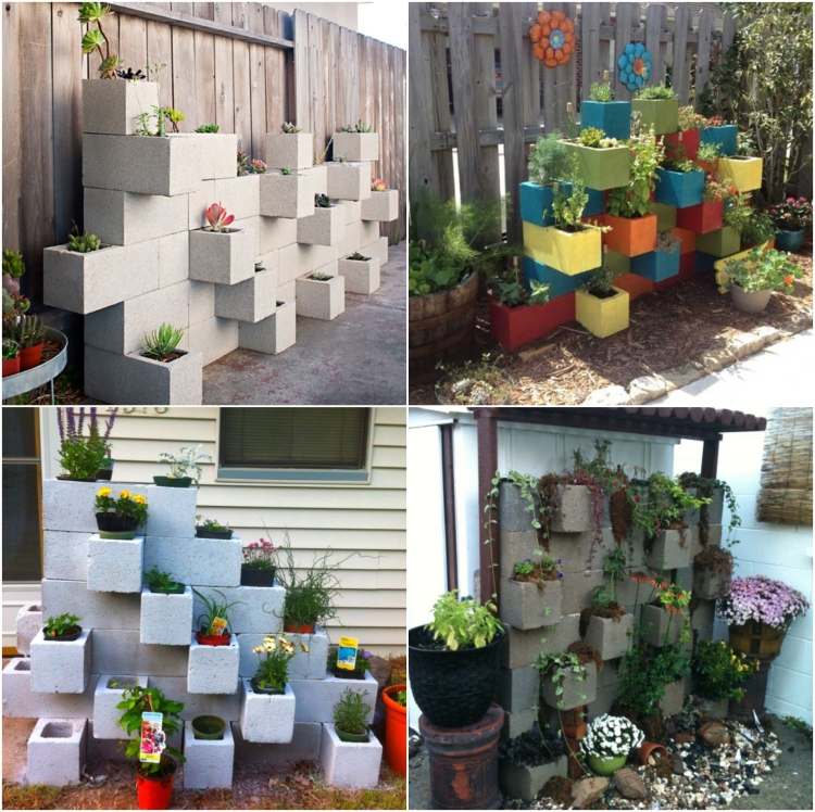 Perete de grădină construit de sine, frumos plantat, realizat din blocuri de cofraj beton-pietre-scoici-grădină-perete-plantare-idee