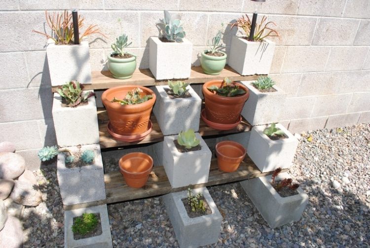 Ghivece de flori din pietre de coajă și un raft pentru plante Eșarfă din beton pietre ghivece de flori-scânduri de lemn-raft de plante