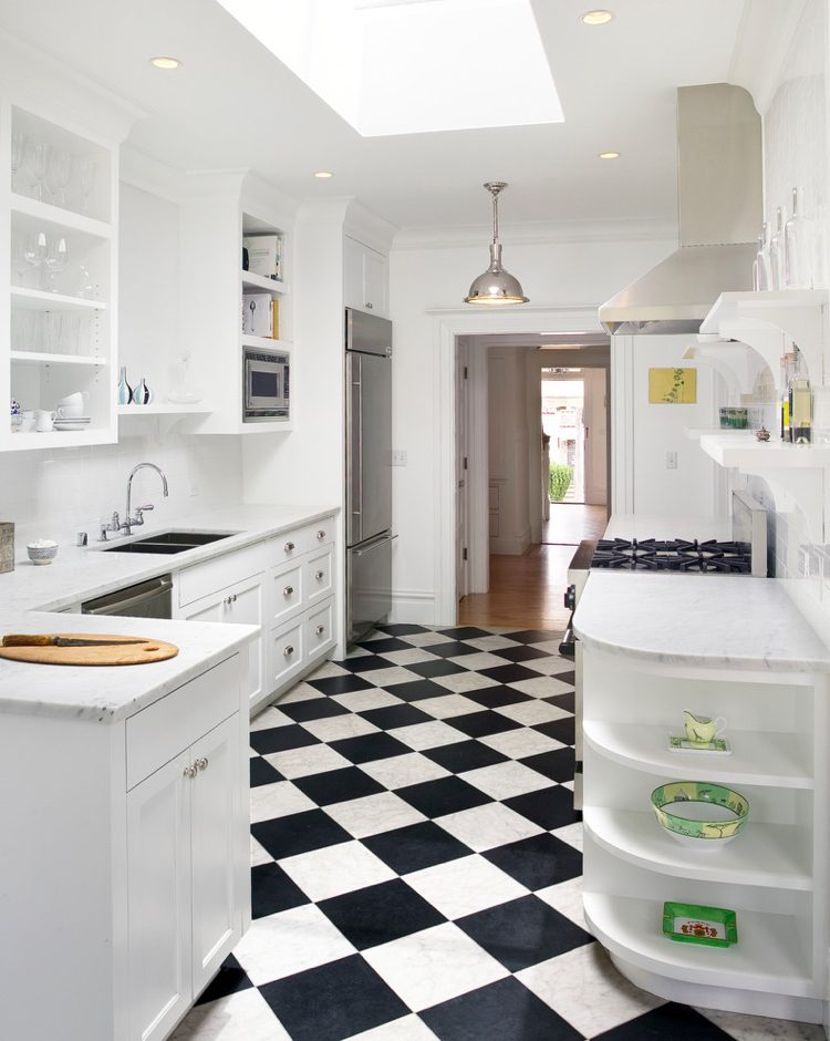 plăci de podea din șah alb-negru Gresie-bucătărie-negru-alb-șah-model-mat