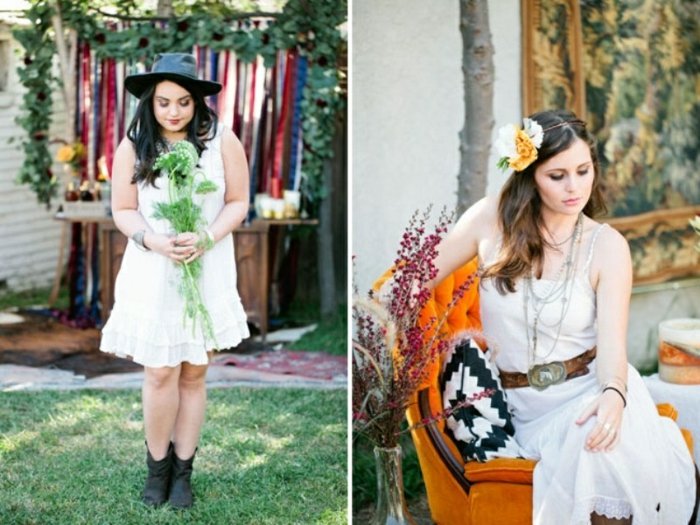 Boheme Bridal Party - O mulțime de decorațiuni florale în grădină gradina boemia mireasa petrecere decor flori fotoliu rochii portocalii albe