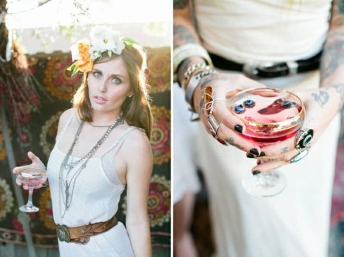 Ideea de petrecere pentru mireasa - accesorii pentru par din flori si bautura cu fructe de padure băutură mireasă sărbători rochie boemă piele centură albă