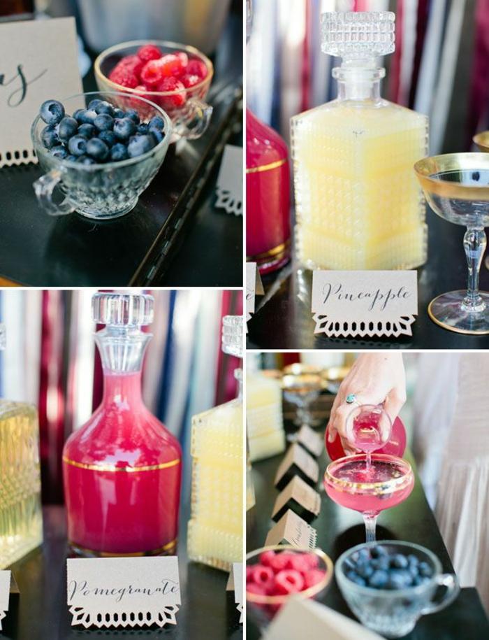 Ideea de petrecere a miresei pentru băuturi - adăugați fructe de pădure petrecere mireasă boemă afine pahare cu suc de zmeură
