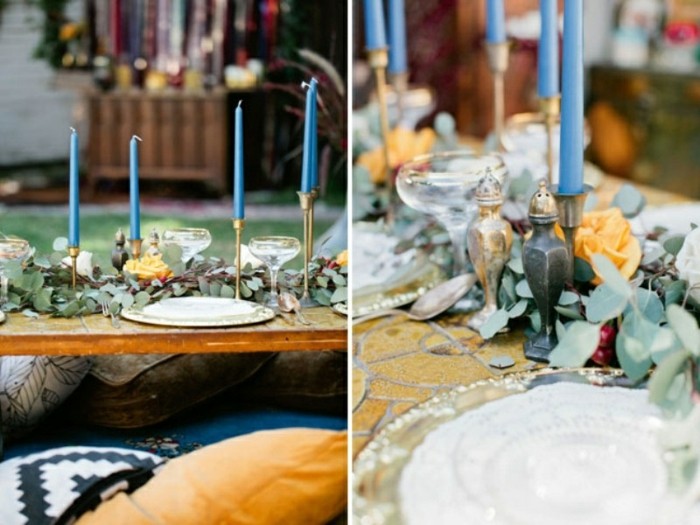 Stil Boheme pentru decorarea mesei cu un agitator eficient de sare și piper decorarea mesei duș de mireasă lumânări albastre boeme aranjamente florale