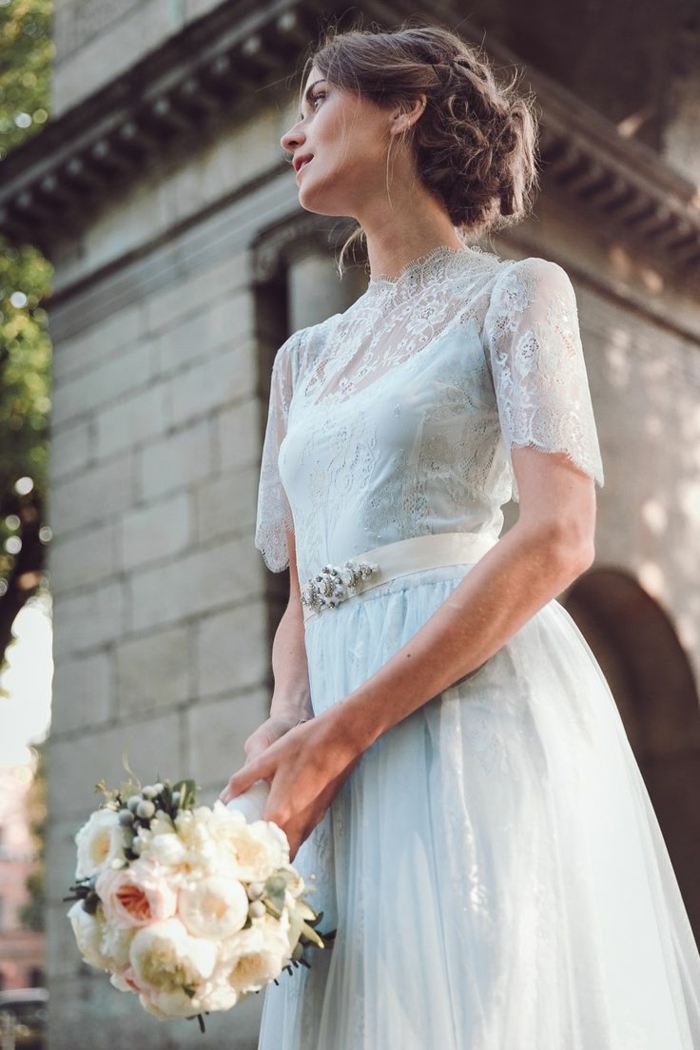 Rochie de mireasa alba cu maneci jumatate, elegante rochie de mireasa buchet de mireasa de mireasa maneci din dantela alba