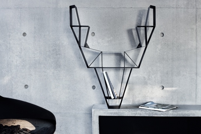 bibliotecă cap de cerb din metal sculptural negru raft de cărți design metalic sculptural cap de cerb