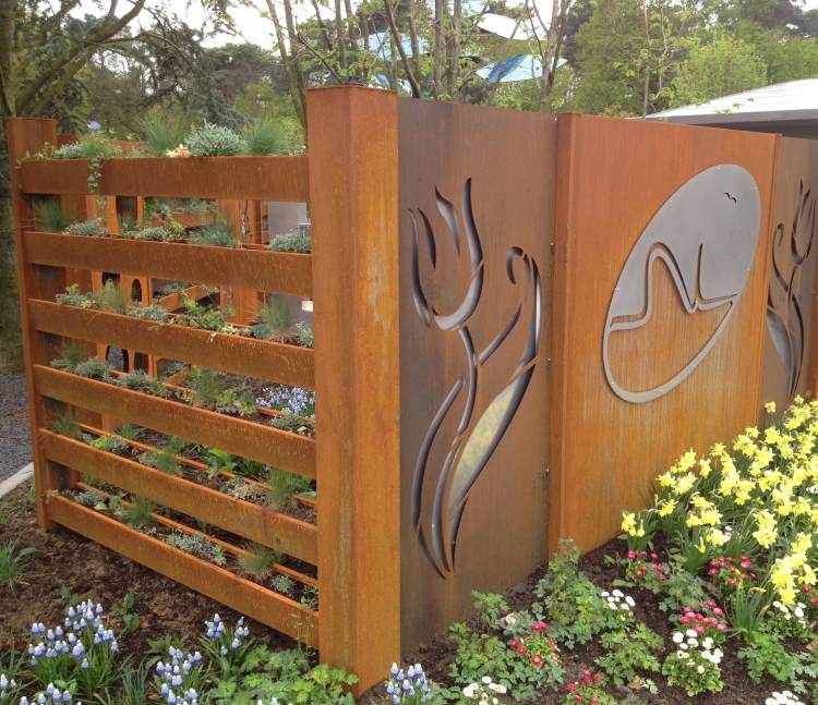 Gard din oțel Corten cu container pentru plante integrat corten steel-privacy protection-garden-combination-plants