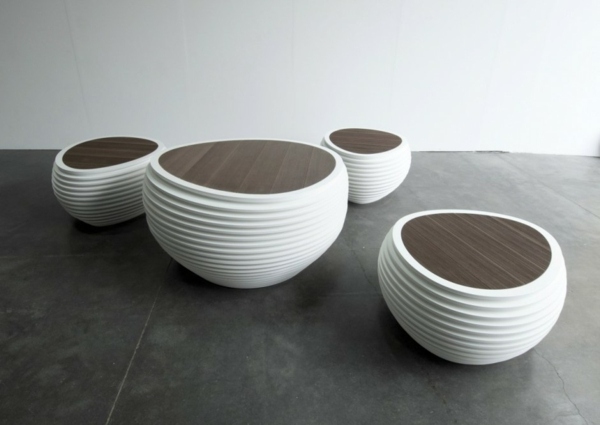 Mobilier de bucătărie inovator scaun-masă-formă-organică-alb-rotunjit-top-întunecat