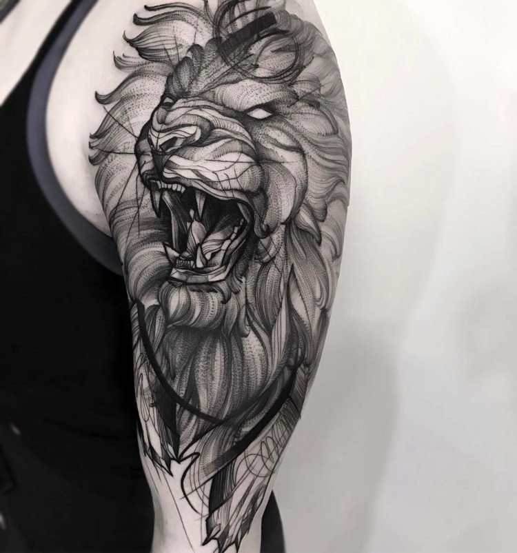 Tatuaj de leu realizat din dotwork cu efect 3D