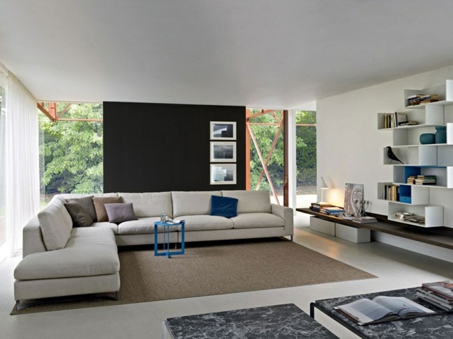 idee interesantă de decor pentru camera de zi Mobilier camera de zi ideea canapea colț rafturi de perete