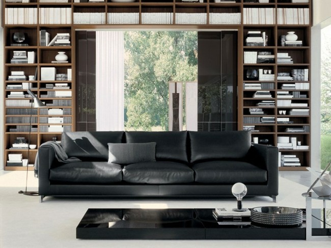 Living living canapea din piele neagra Biblioteci idei living living negru
