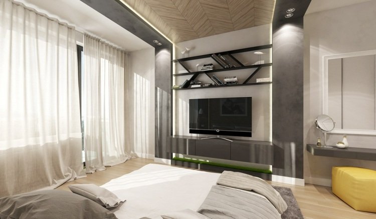 Un raft ca decor servește și ca spațiu de depozitare perdele-de-dormitor-deco-alb-transparent-masă-de-toaletă-scaun-galben