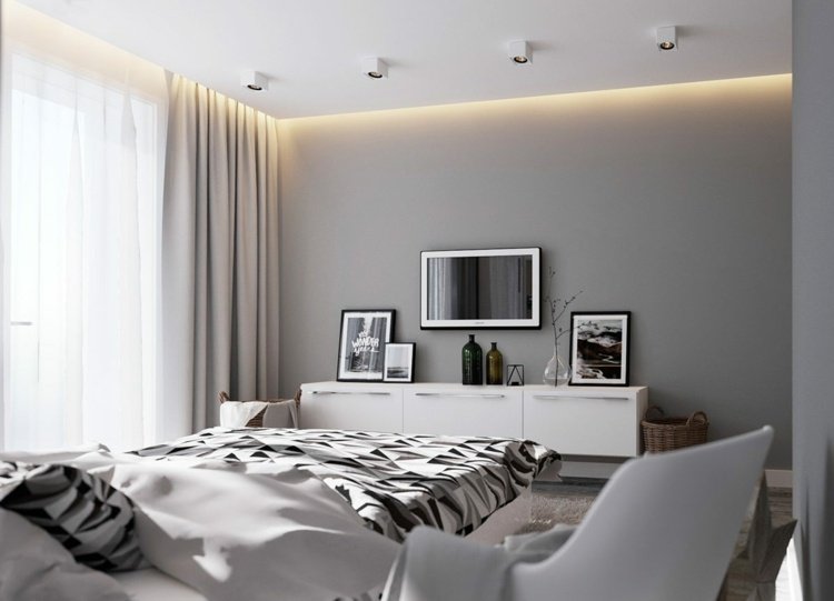 Decor în dormitor - bufet alb în fața unui perete gri deco-dormitor-iluminat-indirect-tavan-lowboard-imagine-design
