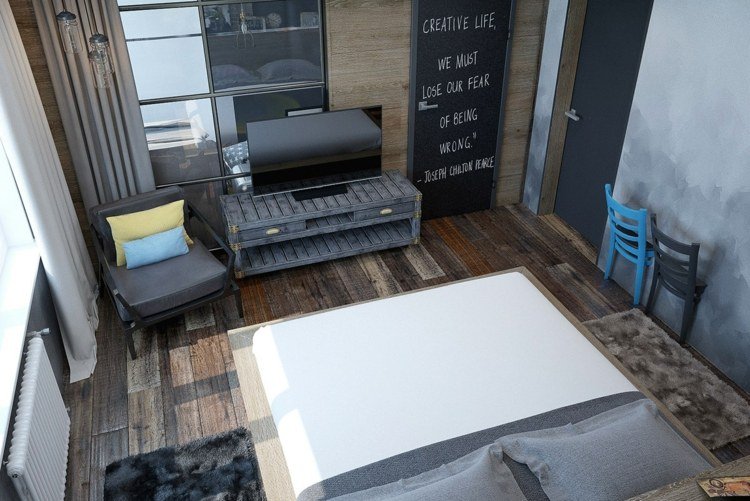 Podeaua dormitorului pare rustică deco-dormitor-accente-rustice-parchet-incalzire-bufet-scaun-gri