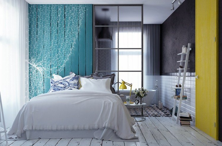 Alegerea decorațiunilor DIY pentru dormitor deco-dormitor-romantic-turcoaz-scânduri-perete-galben-ușă