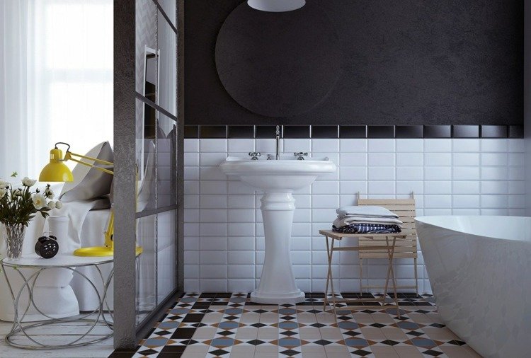 Baia dormitorului are gresie colorată deco in dormitor baie-idee-gresie-geometrica-gresie-pardoseala-alb-perete