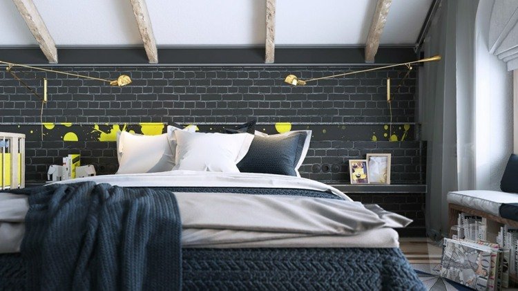 Un decor subtil realizat din pete galbene de vopsea și imagini deco-dormitor-design-negru-galben-idee-cărămidă-mansardă-luminos