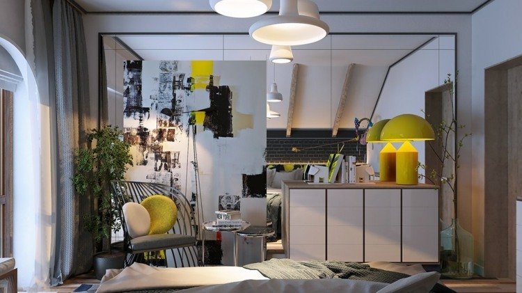 Decorează cu obiecte galbene deco-dormitor-mobilier-eclectic-cu-galben-accente-lampă-pernă-comodă-albă