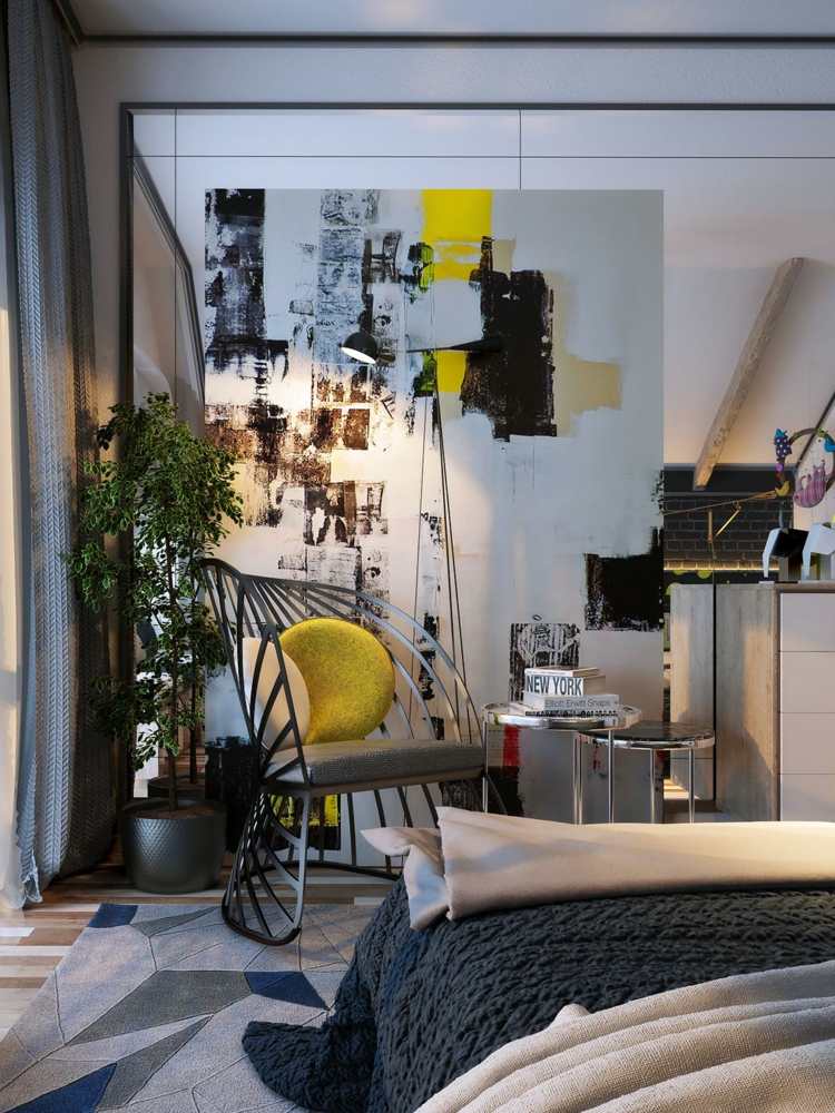 Așezarea în dormitor datorită unui scaun modern din metal deco-dormitor-planta-metal-scaun-covor-modern-model-geometric-albastru-galben