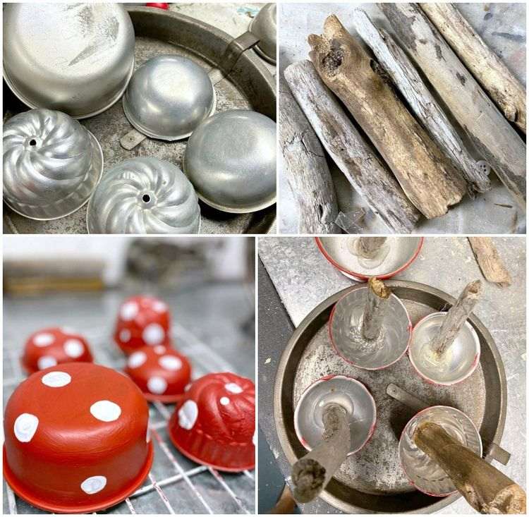 Ciuperci de decor DIY pentru grădină din forme de copt din metal și lemn