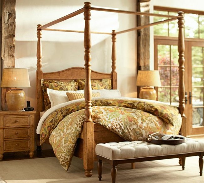 configurați patul cu baldachin din lemn