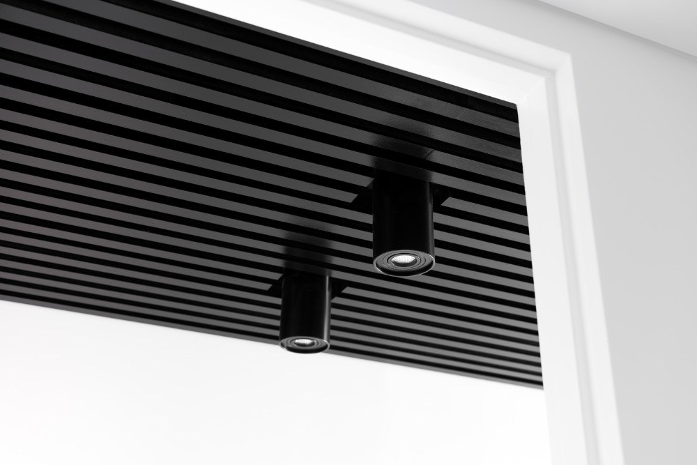 tavan cu sipci din lemn negru și iluminat modern cu lumini led