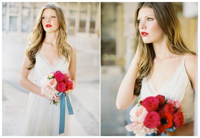 idei de buze de machiaj de mireasă în portocaliu-ruj-bujori-buchet