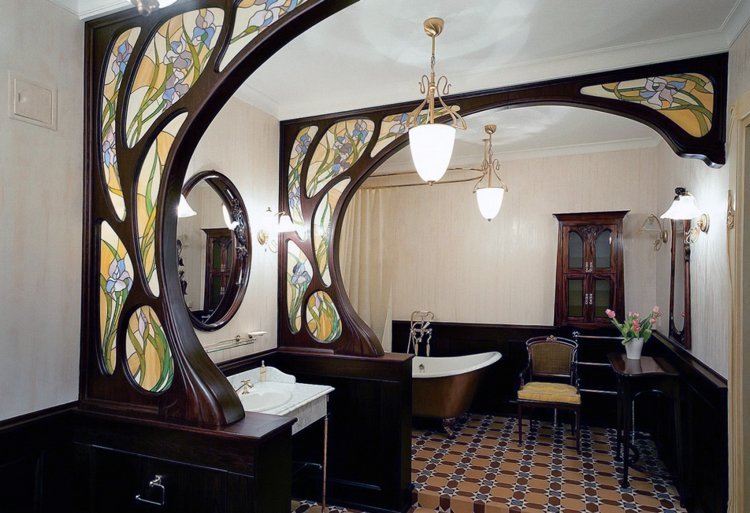 motive art nouveau-florale-iris-sticlă-art-baie