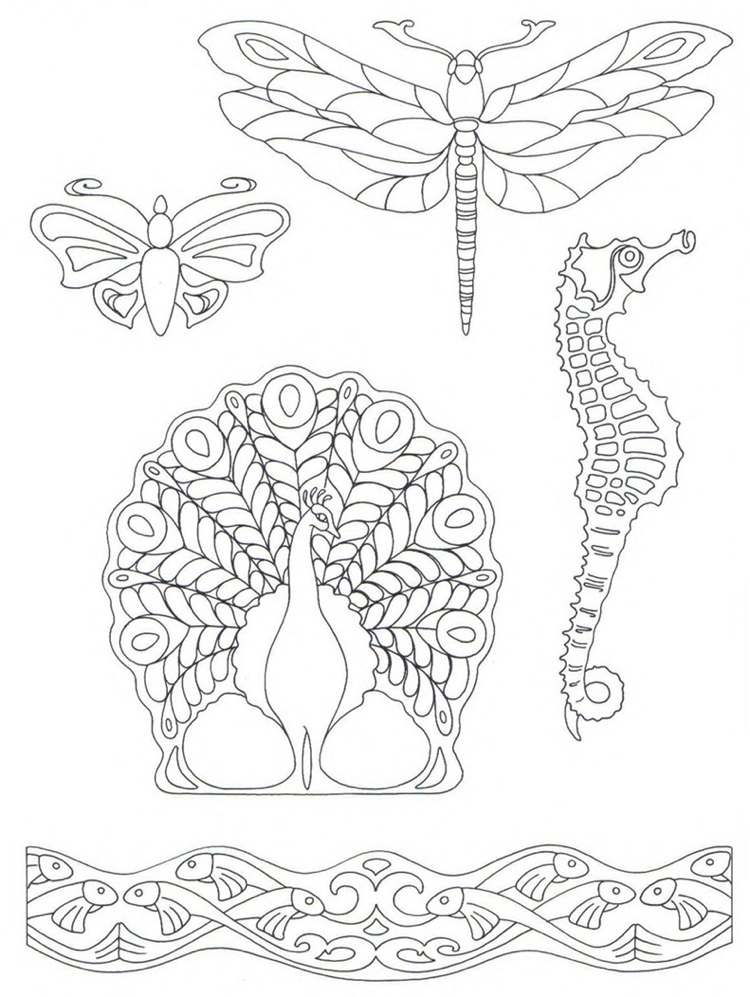 șabloane art nouveau-fluture-libelula-păun-pește-cal de mare