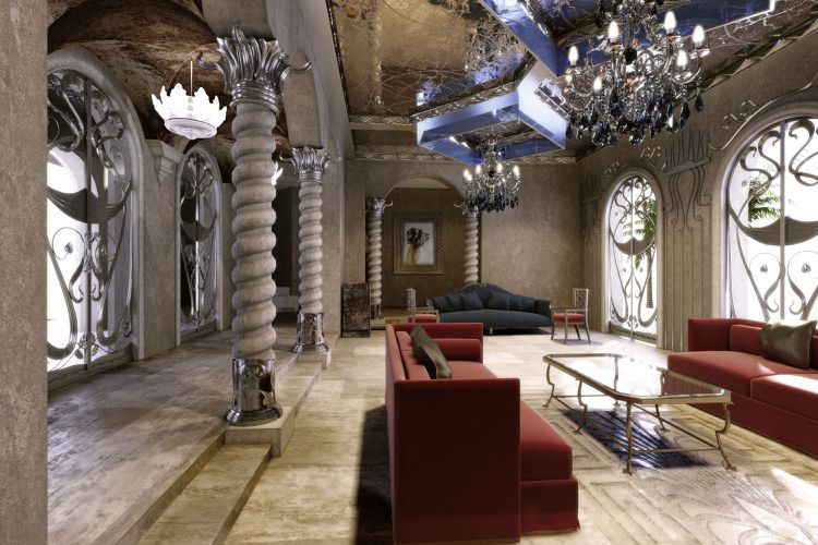 Art Nouveau-design-interior-stâlpi-ferestre-linii-curbate-ornamente