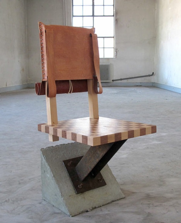 Scaun lemn piele beton picior artă modernă Israel Piele Beton Picior Modern Art Israel Designer