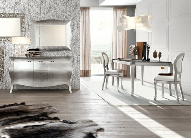 dulap argintiu zonă de luat masa idei de design covor de blană parchet laminat idei de design covor de blană parchet laminat amenajat sufragerie
