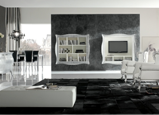 mobilier alb cadru oglindă scaune covor negru scaune din piele Scaune de perete covor negru din piele scaun design