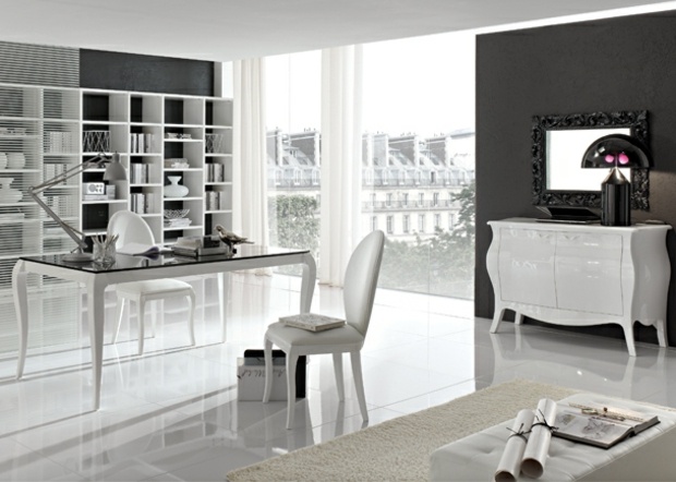 Mobilier de birou covor scaun din piele sifonier alb negru italian sifonier alb negru scaun din piele covor masă din lemn
