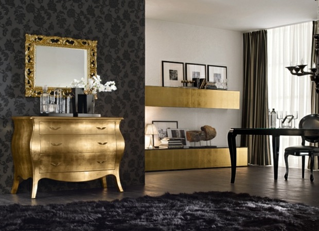 comoda aur dulap TV cadru negru oglindă covor shaggy Mobilier TV tapet negru cu cadru oglindă