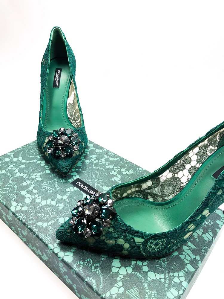 Pantofi de trend pentru pantofi de designer, deget de la picior țesut verde smarald Dolce & Gabbana