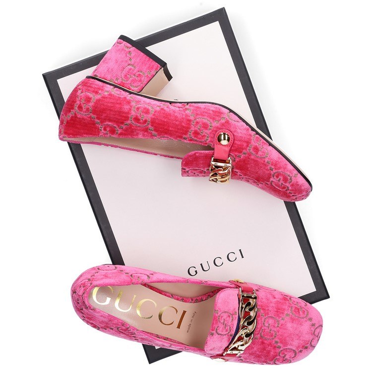 Tendințe pantofi de designer din catifea roz Gucci toc gros