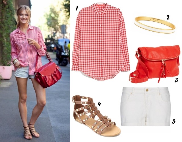 Cămașă de țară cu sandale romane și buzunar roșu cămașă-pantaloni scurți-pantofi-combinație-roman